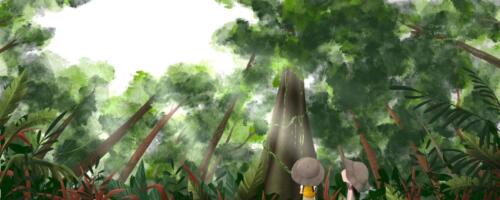2 kids in a jungle looking up